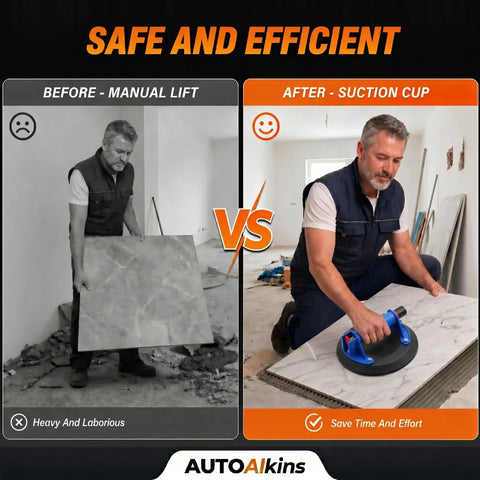 Comparison image showing laborious manual lifting vs using Heavy Duty 8 Inch Vacuum Suction Cups For Glass And Tile, 2 Pack.