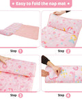 Pink Princess Toddler Nap Mat for Preschool Girls with Removable Blanket and Pillow Unicorn Castle Pattern step-by-step folding guide