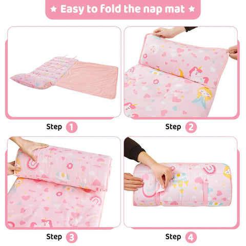 Pink Princess Toddler Nap Mat for Preschool Girls with Removable Blanket and Pillow Unicorn Castle Pattern step-by-step folding guide