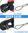 Quick guide showing steps to use Heavy Duty Wire Rope Crimping Tool Kit With Swager And Cutter for cable sleeves connection.