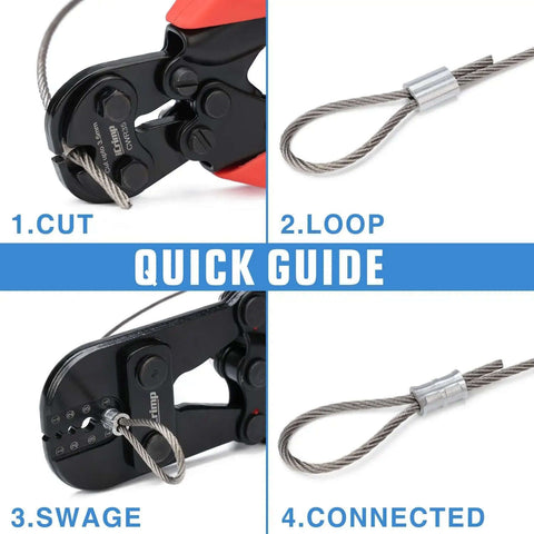 Quick guide showing steps to use Heavy Duty Wire Rope Crimping Tool Kit With Swager And Cutter for cable sleeves connection.