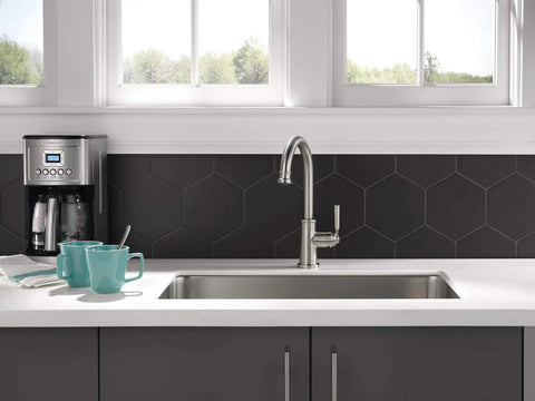 Modern kitchen with Westchester Single Handle Kitchen Sink Faucet In Stainless Steel With Easy One Hole Or Three Hole Install