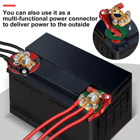 Image showing Beefy Pure Copper Battery Terminal Connectors 4 Way Quick Release 1 Pair installed on a car battery with multiple cables connected.