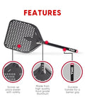 Perforated 12 Inch Pizza Peel, Metal Pizza Turner For All Ovens, Indoor Outdoor Use, Lightweight And Durable Anodized Aluminum With Heat Resistant Handle, Easy Slide And Flip Spatula, Black Kitchen Tool.