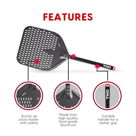 Perforated 12 Inch Pizza Peel, Metal Pizza Turner For All Ovens, Indoor Outdoor Use, Lightweight And Durable Anodized Aluminum With Heat Resistant Handle, Easy Slide And Flip Spatula, Black Kitchen Tool.
