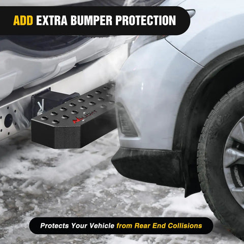 2-Inch Hitch Step With 11.9 Inch Textured Anti Slip Bar And Rear Bumper Guard For Universal Fit On Pickup Truck SUV Car Includes 5/8 Inch Pin Clip Rugged Black Coating Easy Install No Slip Traction On Rough Roads attached to vehicle bumper showing protection.