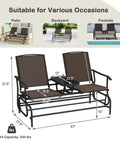 Diagram of Two Person Cozy Outdoor Swing Glider Chair With Center Tempered Glass Table Patio Rocking Loveseat On Sturdy Steel Frame With Breathable Mesh Cushions For Porch Balcony Or Poolside Brown Finish, showing dimensions and various usage.
