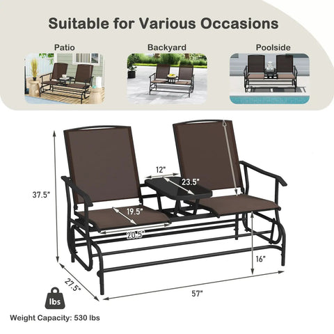 Diagram of Two Person Cozy Outdoor Swing Glider Chair With Center Tempered Glass Table Patio Rocking Loveseat On Sturdy Steel Frame With Breathable Mesh Cushions For Porch Balcony Or Poolside Brown Finish, showing dimensions and various usage.