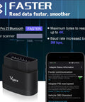 iCar Pro 2S Bluetooth Five Point Two OBD2 Car Scan Tool with adapter and phone showing diagnostics