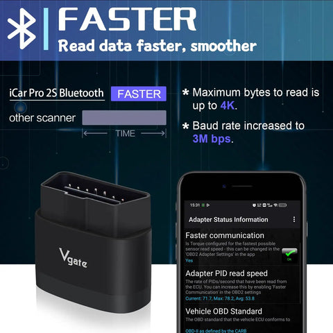 iCar Pro 2S Bluetooth Five Point Two OBD2 Car Scan Tool with adapter and phone showing diagnostics