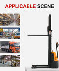 Straight Up Heavy Duty Full Electric Walkie Pallet Stacker With 118 Inch Lift And 2640 Lbs Capacity in warehouse setting.