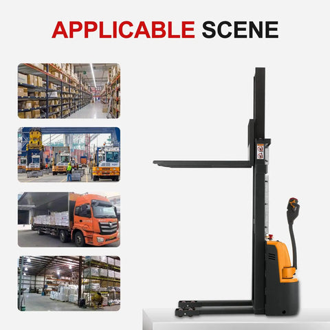 Straight Up Heavy Duty Full Electric Walkie Pallet Stacker With 118 Inch Lift And 2640 Lbs Capacity in warehouse setting.