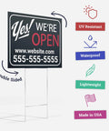 Double Sided Customizable Outdoor Yard Sign Made From Corrugated Plastic With Metal H Stake For Biz Garage Sale Home Or Office Use Easy To Design And Read 18x24 Inches showing Yes! We're Open message with UV resistant label.