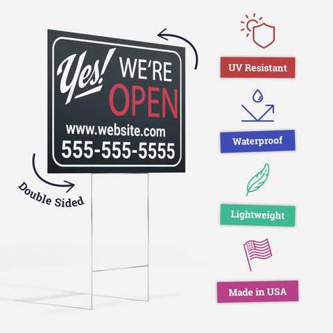 Double Sided Customizable Outdoor Yard Sign Made From Corrugated Plastic With Metal H Stake For Biz Garage Sale Home Or Office Use Easy To Design And Read 18x24 Inches showing Yes! We're Open message with UV resistant label.