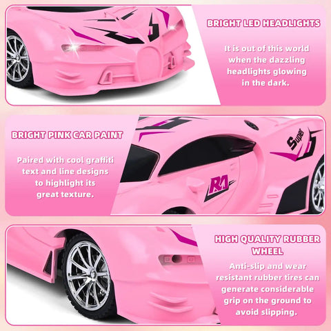 Pink Remote Control Car For Girls With Rechargeable Battery High Speed Drift RC Toy One Eighteenth Scale Dazzling Headlights