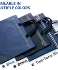 Go Anywhere Heavy Duty Large Zipper Pouch With Handle Fits A4 Paper And 16 Inch Laptop, Waterproof Oxford File Bag, Spacious Organizer For Office Travel And Daily Grind In Blue in three colors, showcasing blue, black, and two-tone blue options.