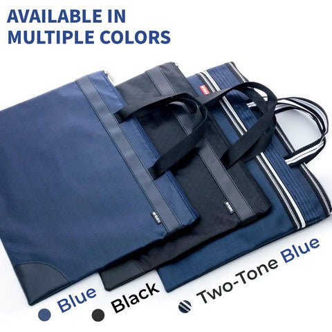 Go Anywhere Heavy Duty Large Zipper Pouch With Handle Fits A4 Paper And 16 Inch Laptop, Waterproof Oxford File Bag, Spacious Organizer For Office Travel And Daily Grind In Blue in three colors, showcasing blue, black, and two-tone blue options.
