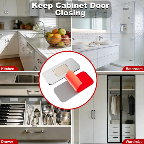 No Drill Magnetic Cabinet Door Catch With Adhesive Mount, Stainless Steel, 4 Pack shown on kitchen, bathroom, drawer, wardrobe