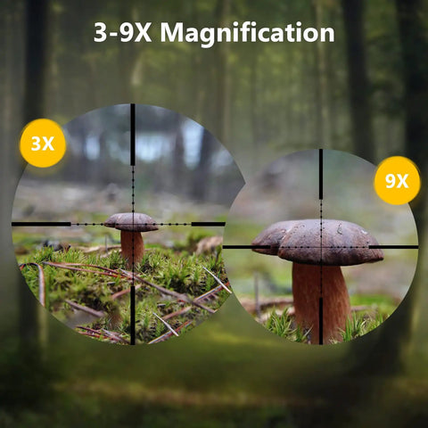 Magnified view through Three To Nine X Forty AO Rifle Scope With R4 Reticle And Crosshair illustrating 3X and 9X zoom.