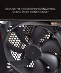 Close-up of a PC fan installation using 502 Piece PC Screw and Hardware Kit for DIY Builds and Upgrades Includes Screws Nuts Washers Standoffs and Spacers for HDD Fans Chassis ATX Case Motherboard SSD Graphics Card and More Must Have PC Build Gear for Repairs, showing secure fit.