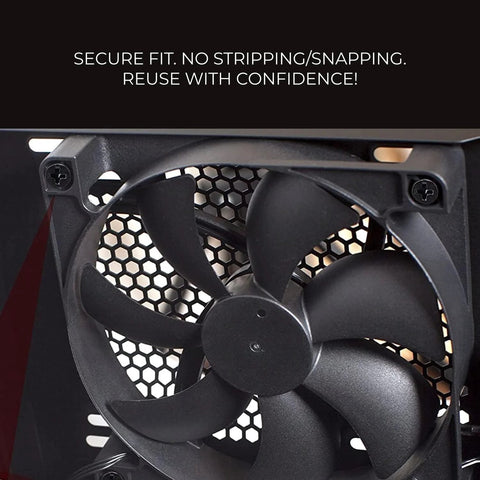Close-up of a PC fan installation using 502 Piece PC Screw and Hardware Kit for DIY Builds and Upgrades Includes Screws Nuts Washers Standoffs and Spacers for HDD Fans Chassis ATX Case Motherboard SSD Graphics Card and More Must Have PC Build Gear for Repairs, showing secure fit.