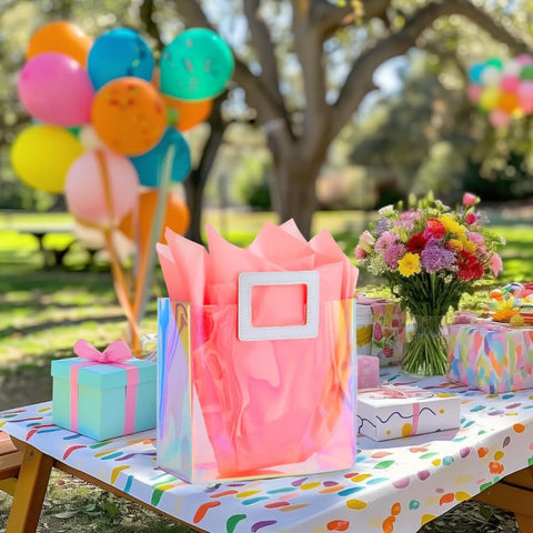 8.3 Inch Holographic Gift Bag With Coral Tissue Paper Reusable Small Tote For Birthdays Bridesmaids Weddings Girls And Women Iridescent Party Favor Pack Of 1 Size Small Party Ready on decorated table with balloons and flowers outdoors.