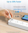 6 In 1 USB C Power Strip With 3 AC Outlets, 2 USB C Ports And 1 USB A Port, charging a phone, white, on a desk