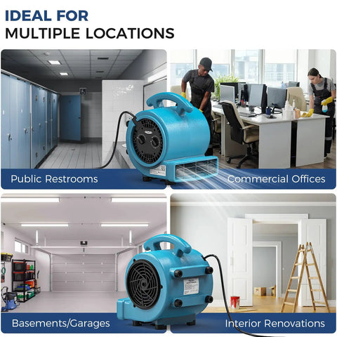 Powerful 1000 CFM Air Mover Blower in various settings like offices and garages for fast drying floors and carpets.