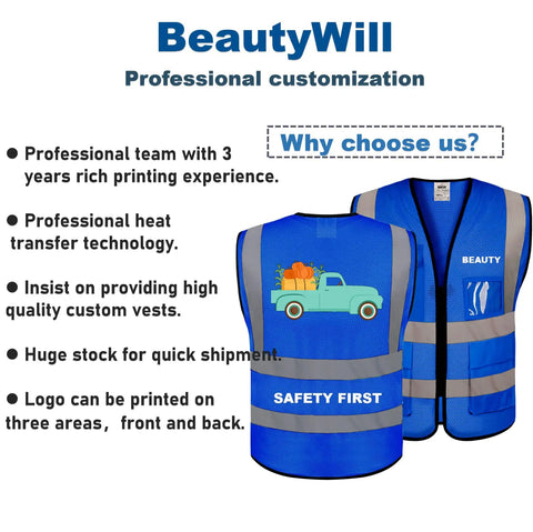 Top Shelf Mesh Safety Vest Class Two High Visibility Reflective Work Gear Featuring Heavy Duty Pockets And Fully Customizable Branding For Job Sites Royal Blue, front and back view with logo.