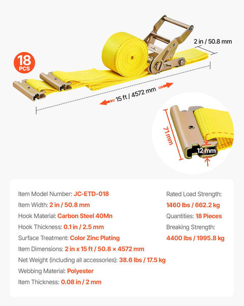 Heavy Duty 2 Inch By 15 Foot E Track Ratchet Straps Kit With 4400 Lbs Break Strength Polyester Webbing in yellow