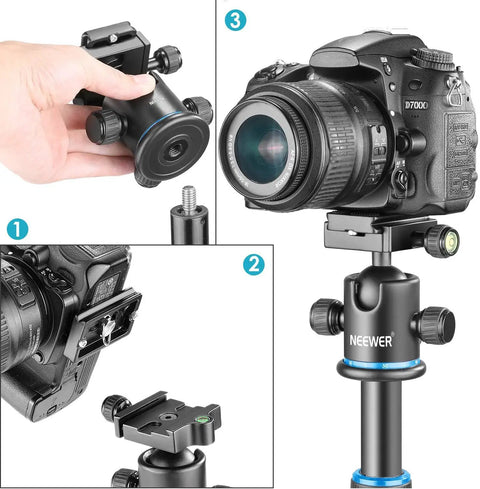 36mm Tripod Ball Head With 360 Degree Pan, Heavy Duty Metal Build, Arca Type Plate, Pro Grade Rig Companion For Photography And Videography. DSLR mounted on tripod