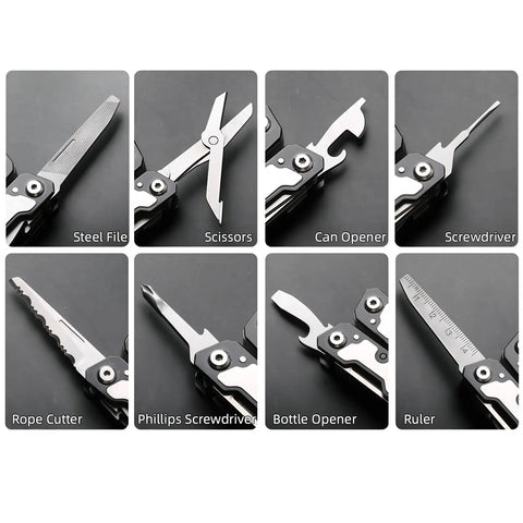 Close-up of Sixteen-In-One 420 Stainless Steel Multitool Pliers with full locking safety, showcasing various tools like screwdrivers and scissors.