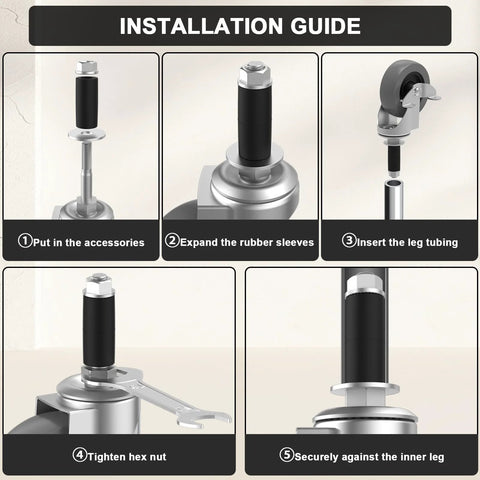 4-inch caster wheels with locking brakes; expanding-stem set of 4 for 3/4–7/8 in tube legs; installation guide steps.