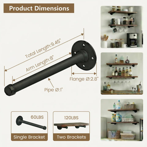 Industrial Black Iron Pipe Shelf Brackets Wall Mount For DIY Shelving And Pipe Decor, Rust Theme, Measurements Diagram, 8 Inch