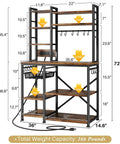 Rustic Brown Baker Rack With Power Outlet Microwave Stand With Storage Large Coffee Bar Station And 14 Hooks Metal Kitchen Shelf For Spices Pots Organizer dimensions and weight capacity diagram