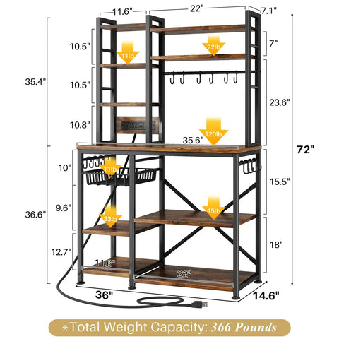 Rustic Brown Baker Rack With Power Outlet Microwave Stand With Storage Large Coffee Bar Station And 14 Hooks Metal Kitchen Shelf For Spices Pots Organizer dimensions and weight capacity diagram