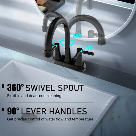 Matte Black Bathroom Sink Faucet With 360 Degree Swivel Spout 2 Handle Centerset Design Lead Free Stainless Steel Build top view