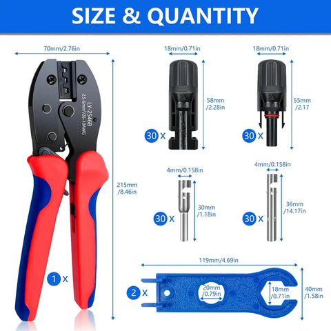 Solar Panel Connector Kit With 60 Pieces Male And Female Connectors, 30 Pairs, Crimping Tool, 2 Spanner Wrenches, size chart