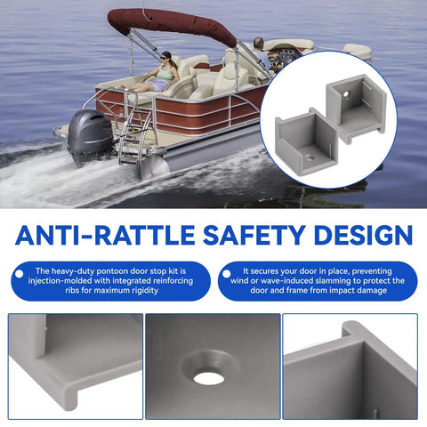 Heavy Duty Pontoon Gate Door Stop Kit With Left And Right Hinge Anti Rattle Door Stopper shown on pontoon boat in water