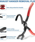 Close-up of exhaust hanger removal plier showing red handles and steel hook, part of Exhaust Hanger Removal Pliers Set With 4 Hole Rubber Hanger Insulators Kit 5 Pieces Auto Repair Tool No Fuss For Removing And Replacing Muffler Hangers Universal Fit.