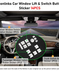 Interior view showing placement of Moonlinks car window lift and switch button stickers, 14-piece set for driver and passenger switches.