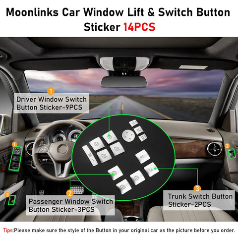 Interior view showing placement of Moonlinks car window lift and switch button stickers, 14-piece set for driver and passenger switches.