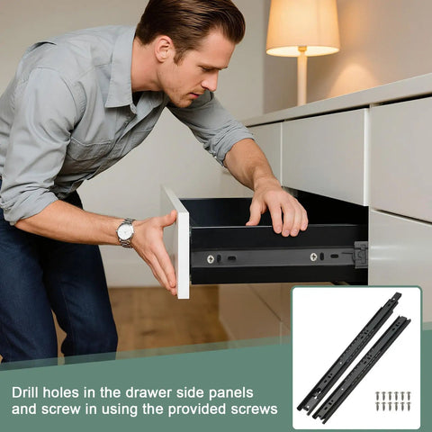 Man installing Beefy Heavy Duty 15 Inch By 1.5 Inch Steel Drawer Slides Full Extension Ball Bearing Side Mount Rails in cabinet