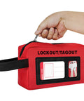 Lockout Tagout Kit Bag For Loto Devices, Heavy Duty Polyester Organizer with Visible Display, held by hand