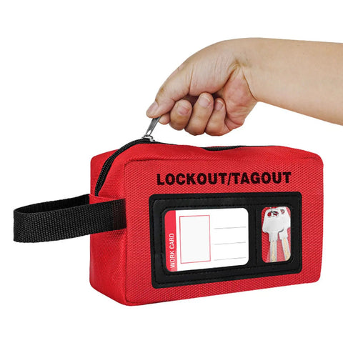 Lockout Tagout Kit Bag For Loto Devices, Heavy Duty Polyester Organizer with Visible Display, held by hand