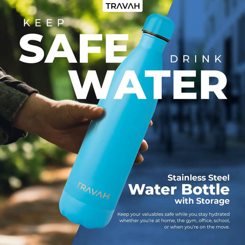 Person holding a blue dual chamber water bottle with hidden storage stash compartment insulated double walled stainless steel tumbler 17oz matte black leak proof for travel and home everyday use outdoors.