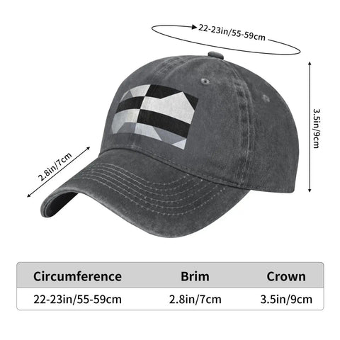 Black And White Piano Grid Print Denim Baseball Cap With Adjustable Metal Buckle Unisex Cotton Snapback Hat side view with size dimensions