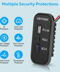 Slick Upgrade 3 Port 12V 24V USB Outlet Panel Quick Charge Fast Charger With USB C PD and USB A QC Ports showing multiple security features.