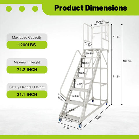 Pro Grade Seven Step Rolling Ladder With Full Handrails, Heavy Duty Steel Platform Cart For Garage Or Warehouse, Ironclad Workhorse Built Tough To Handle Fifteen Hundred Pounds Daily