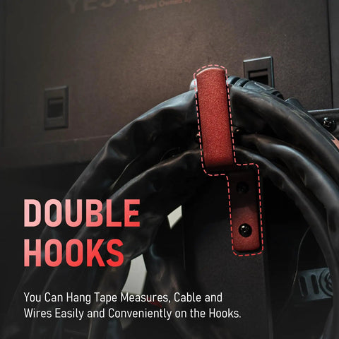 Close-up of double hooks with black cables on a welding cart, highlighting organization feature for cables and tools.